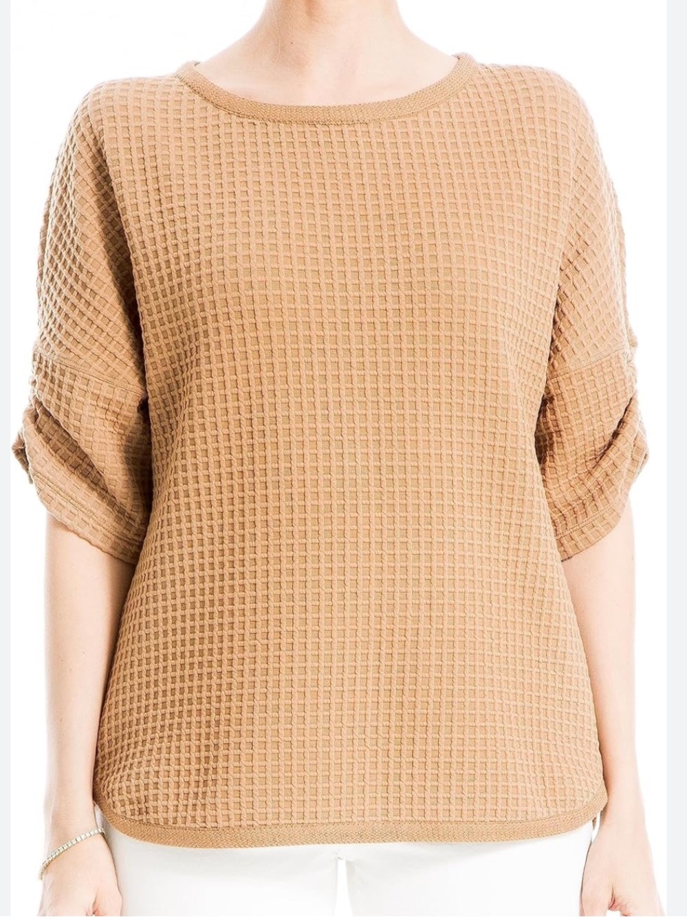 MAX STUDIO Waffle Ruched Sleeve Knit Top